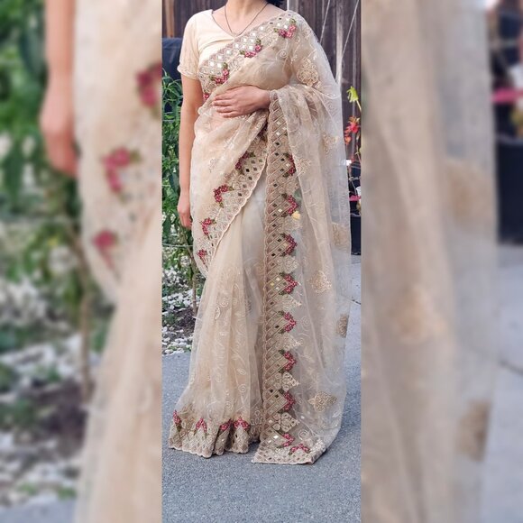 Cream and Gold Embroidered Net Saree NEGOTIABLE - Picture 1 of 9
